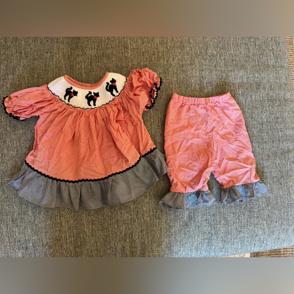Barefoot Baby Girl Smocked Halloween Cat Gingham Set 12M